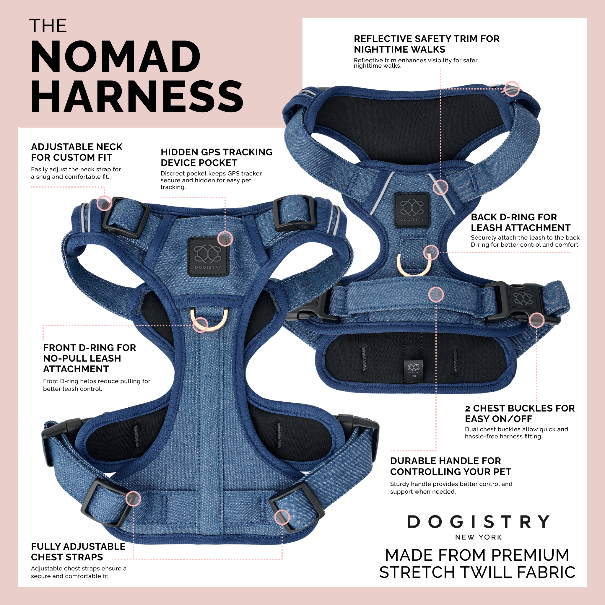The NoMad Adjustable Luxe Harness - Denim