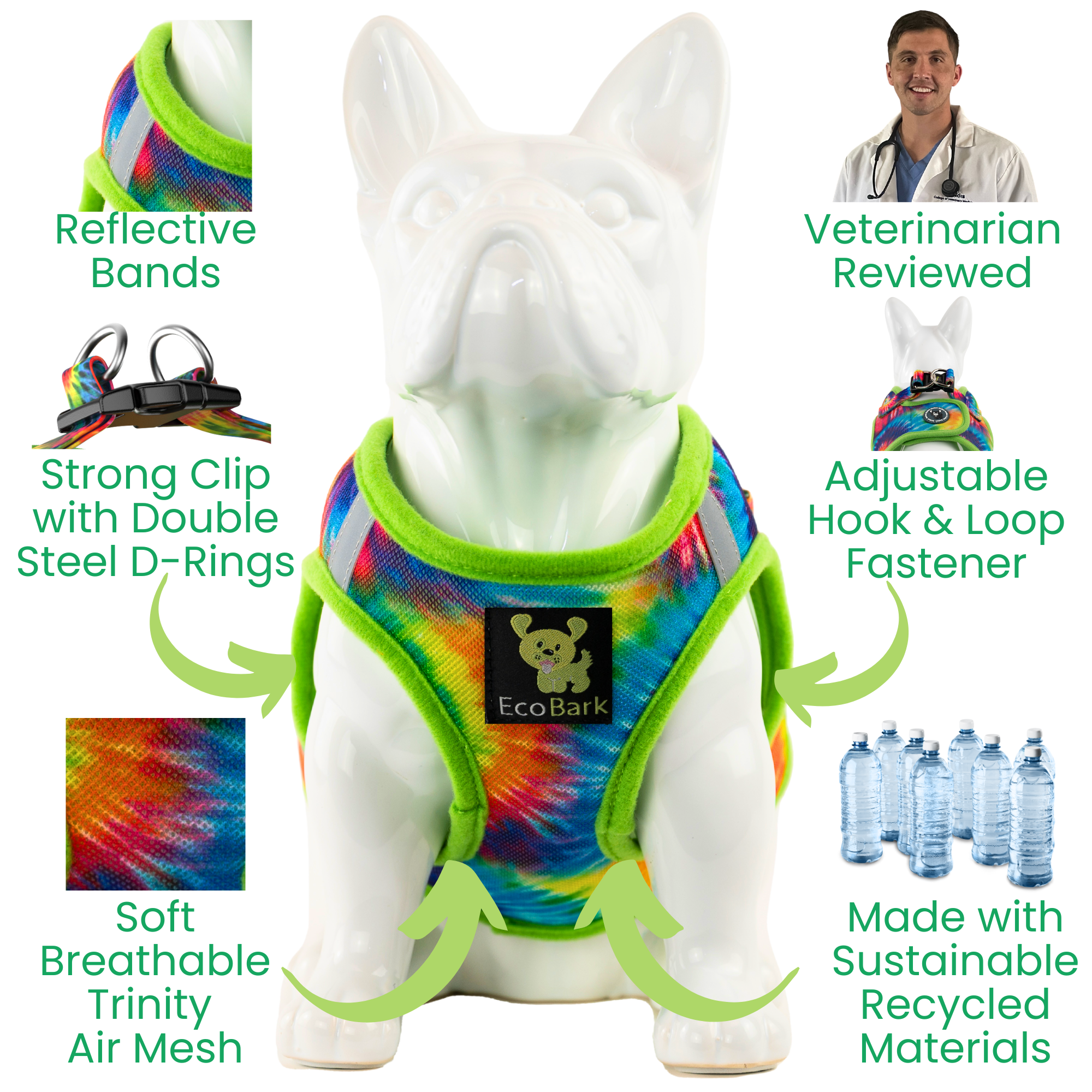 EcoBark Step In Dog Harness - Teacup & Small Breeds- Reflective Soft Mesh Harness for Teacup, Small Dogs and Puppies / Tie-dye