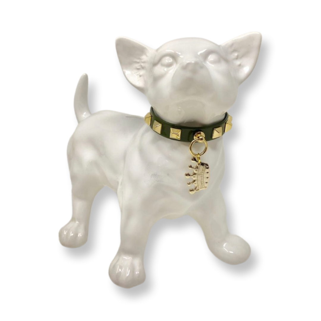 Fashion Collar and Plain Leash Set - Olive Green with Gold Studs