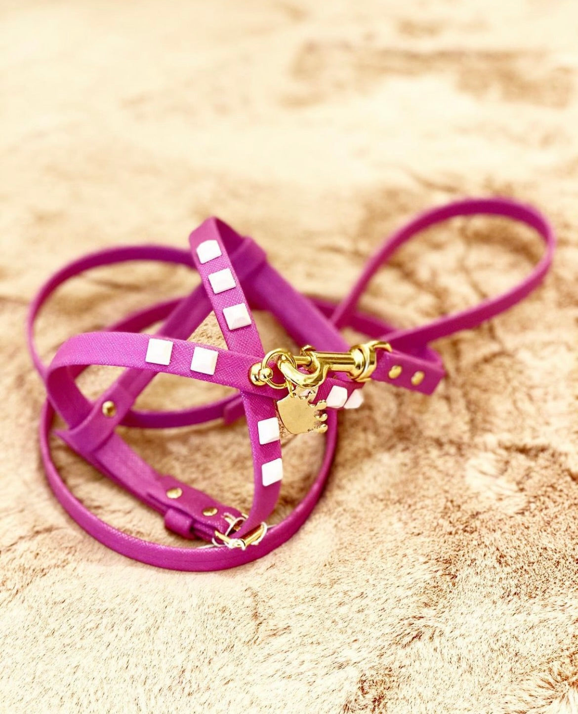 Fashion Dog Harness and Leash Set - Fuchsia with Pink Studs