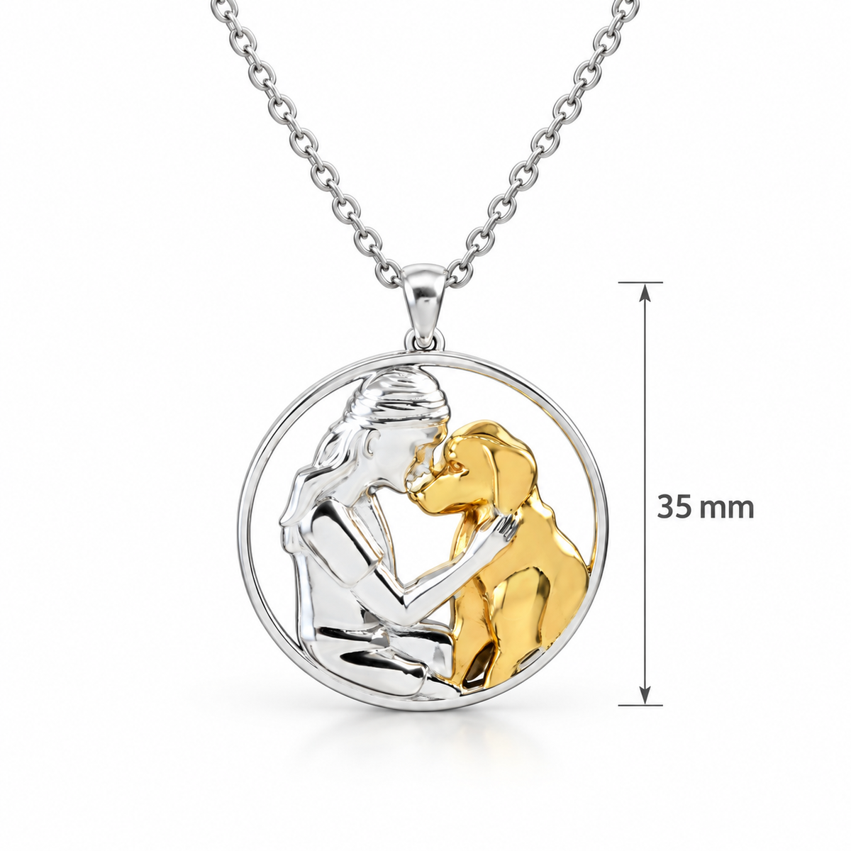 Girl Hugging Dog Necklace- 925 Sterling Silver Two Toned Piece