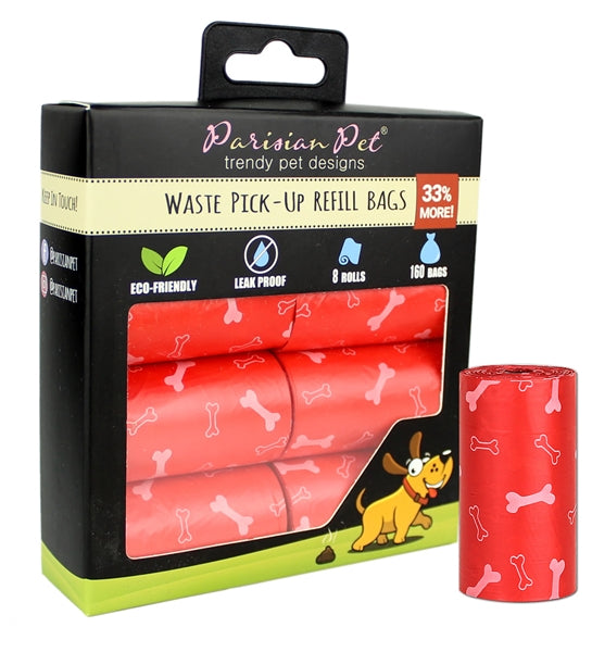 Parisian Pet Bones Design Waste Bags - Strong, Convenient, Leak-Proof Dog & Cat Waste Bags, Eco-Friendly, Red