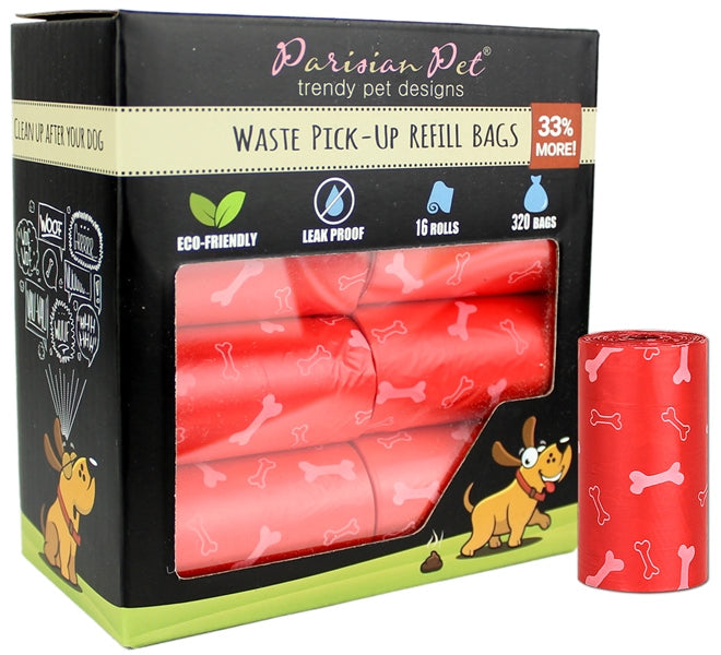 Parisian Pet Bones Design Waste Bags - Strong, Convenient, Leak-Proof Dog & Cat Waste Bags, Eco-Friendly, Red