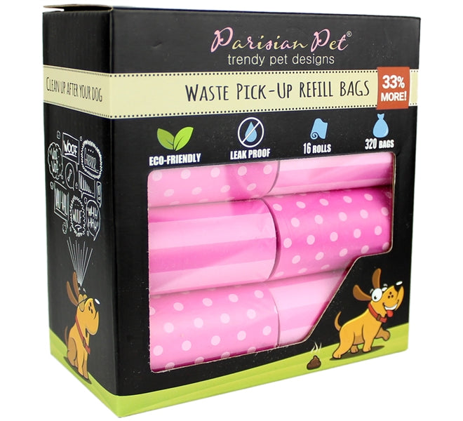 Parisian Pet Stripes & Dots Waste Bags for Dogs & Cats - Leak-Proof, Durable, Eco-Friendly Pink Pet Waste Bags