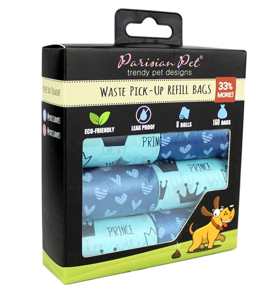 Parisian Pet Prince Hearts Waste Bags for Dogs & Cats - Blue, Leak-Proof, Durable Pet Waste Bags