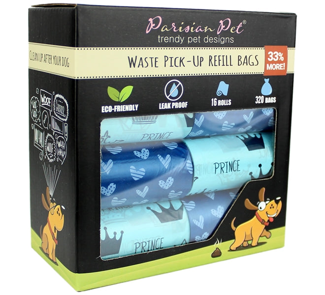 Parisian Pet Prince Hearts Waste Bags for Dogs & Cats - Blue, Leak-Proof, Durable Pet Waste Bags