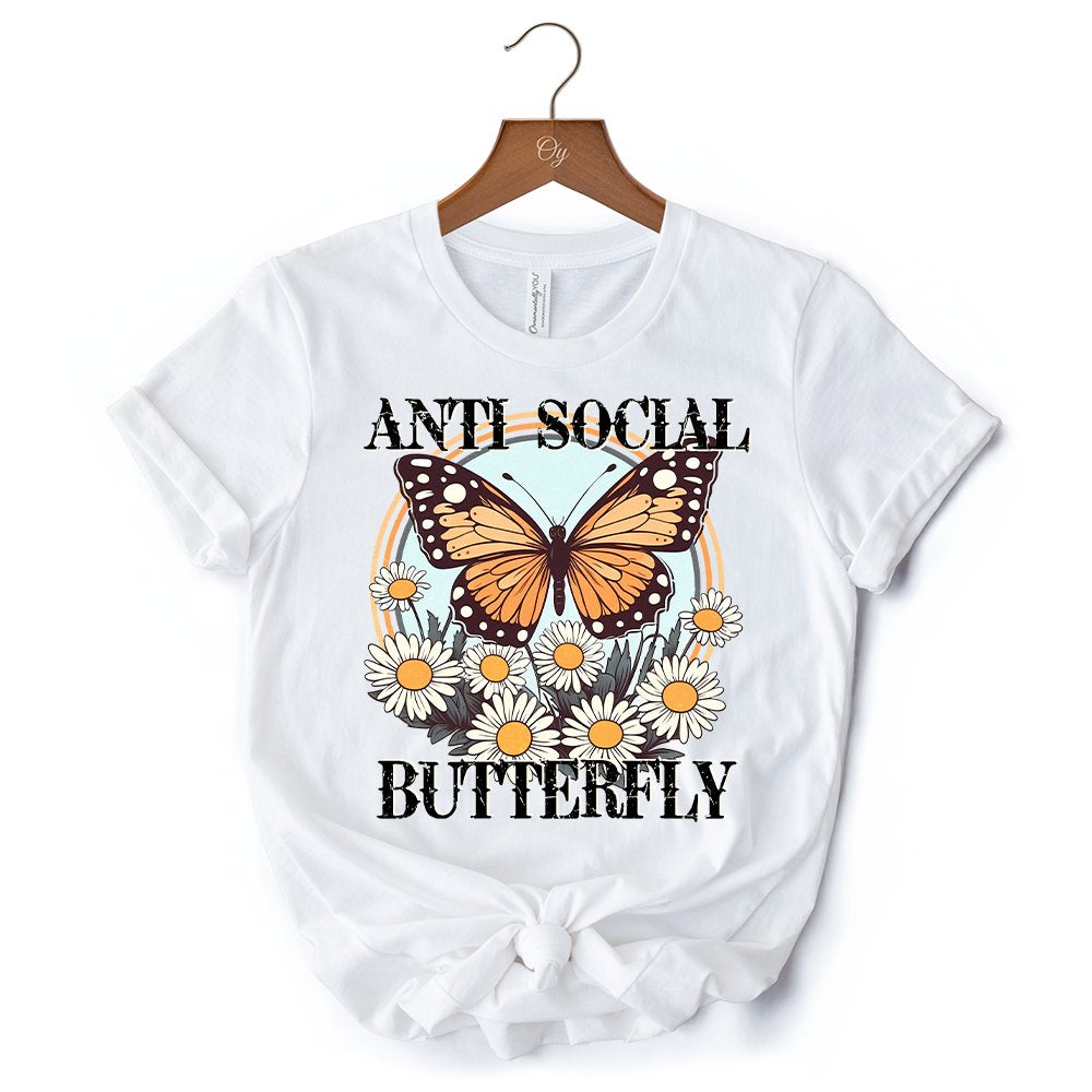 Anti Social Butterfly T-Shirt, Retro White and Natural Tee for Quirky and Independent Women