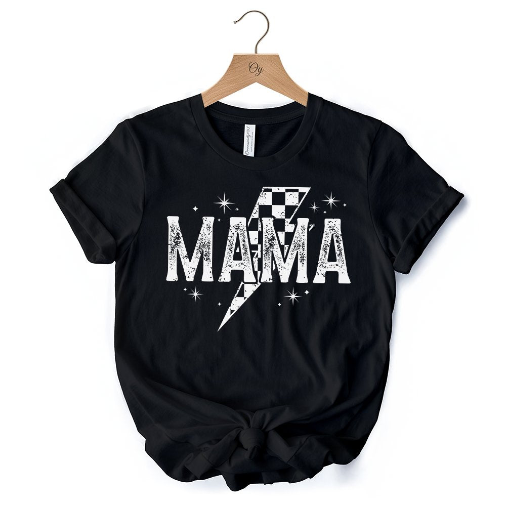 Checkered Lightning Bolt Mama Tee, Vintage Retro Black and White Tee for Energetic Moms