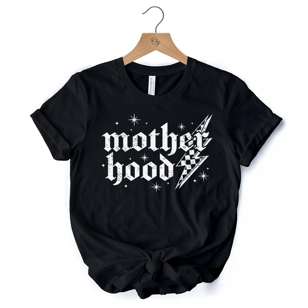 Checkered Motherhood Lightning T-Shirt, Black and White Retro Tee for Strong Mothers