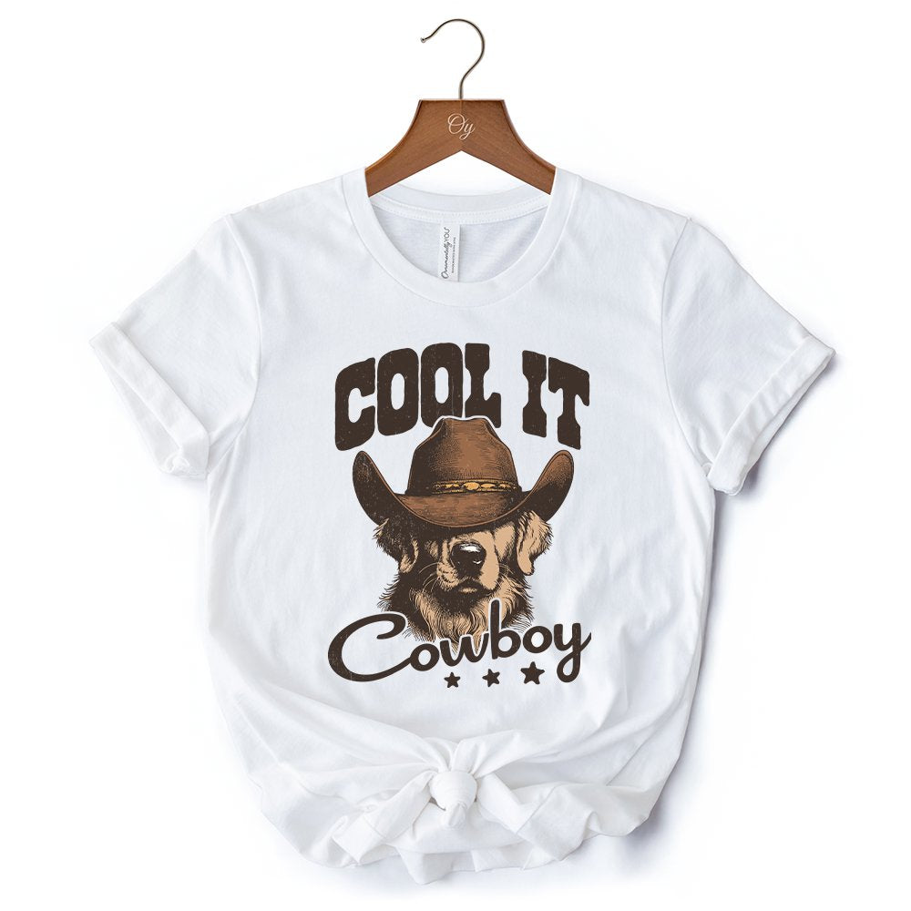 Cool It Cowboy T-Shirt With Western Dog, Retro Golden Retriever White and Natural Tee for Country Lover