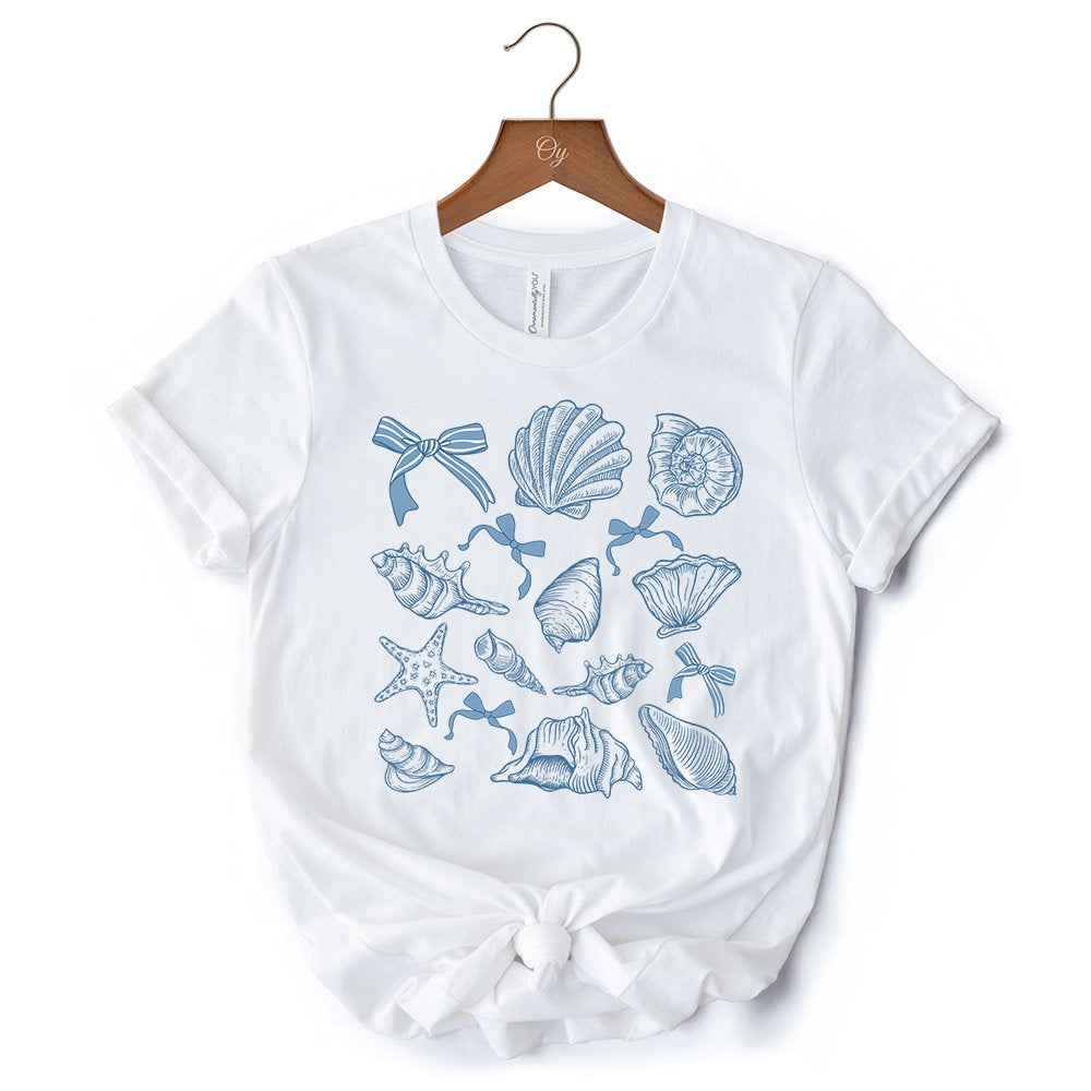 Coquette Seashell Summer Vibe T-Shirt, Natural and White Retro Beach Tee Gift for Ocean Lover