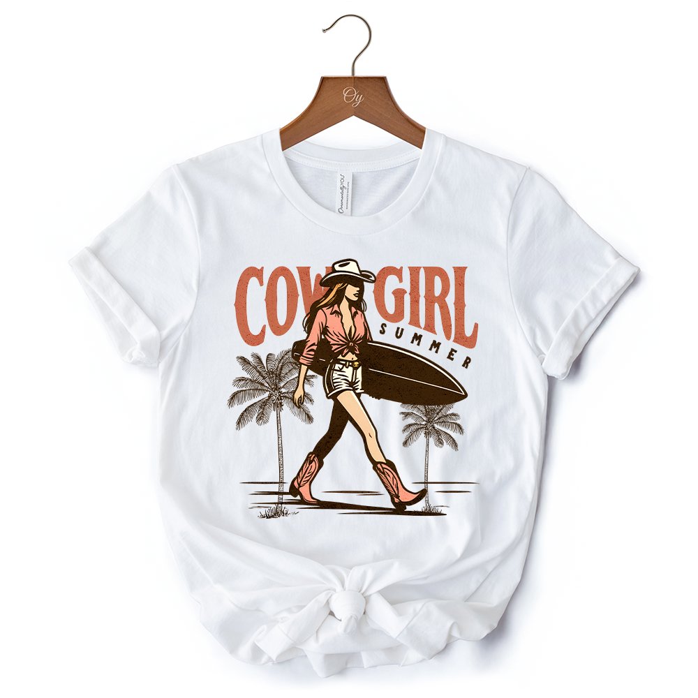 Cowgirl Summer Surf T-Shirt, Retro Western Beach White and Natural Tee for Free-Spirited Women