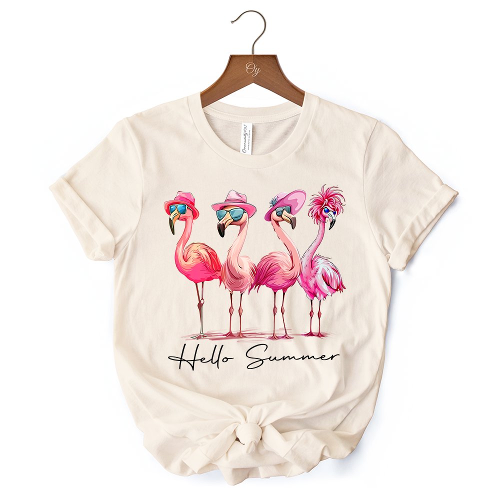 Flamingo Hello Summer T-Shirt, White and Natural Retro Tee with Tropical Birds