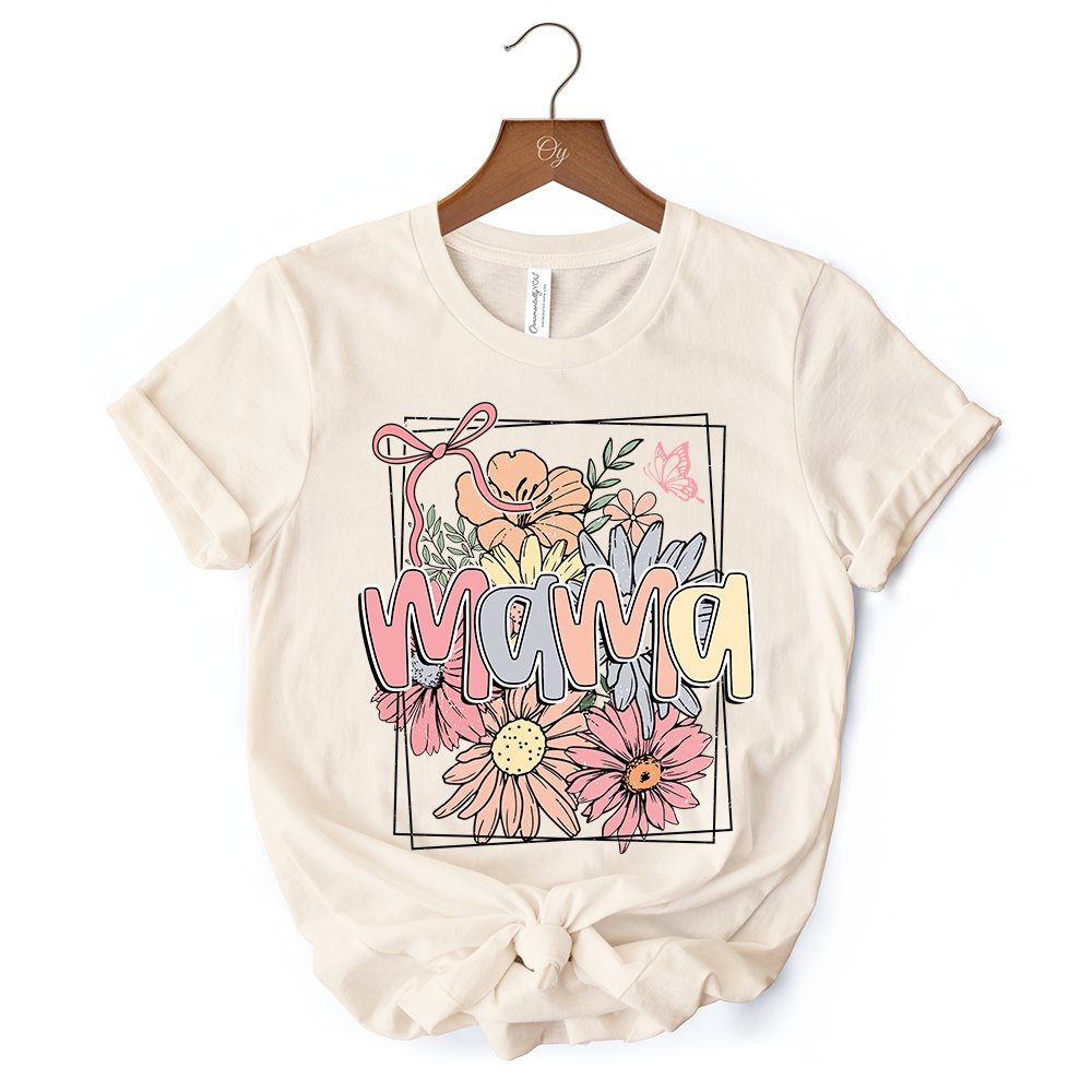 Floral Mama Coquette Bow Pastel T-Shirt, White and Natural Boho Tee With Spring Flower
