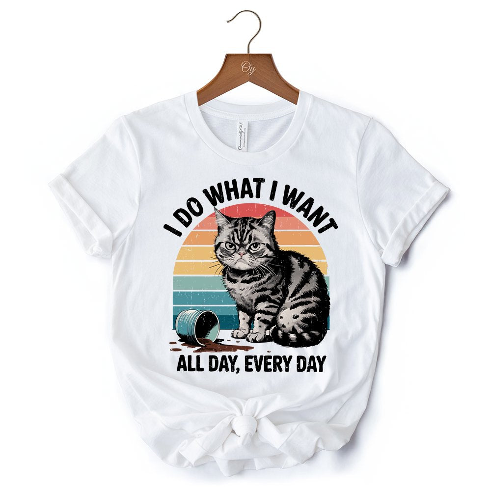 I Do What I Want Cat Retro T-Shirt, Unisex Sarcastic White Tee for Cat Lovers