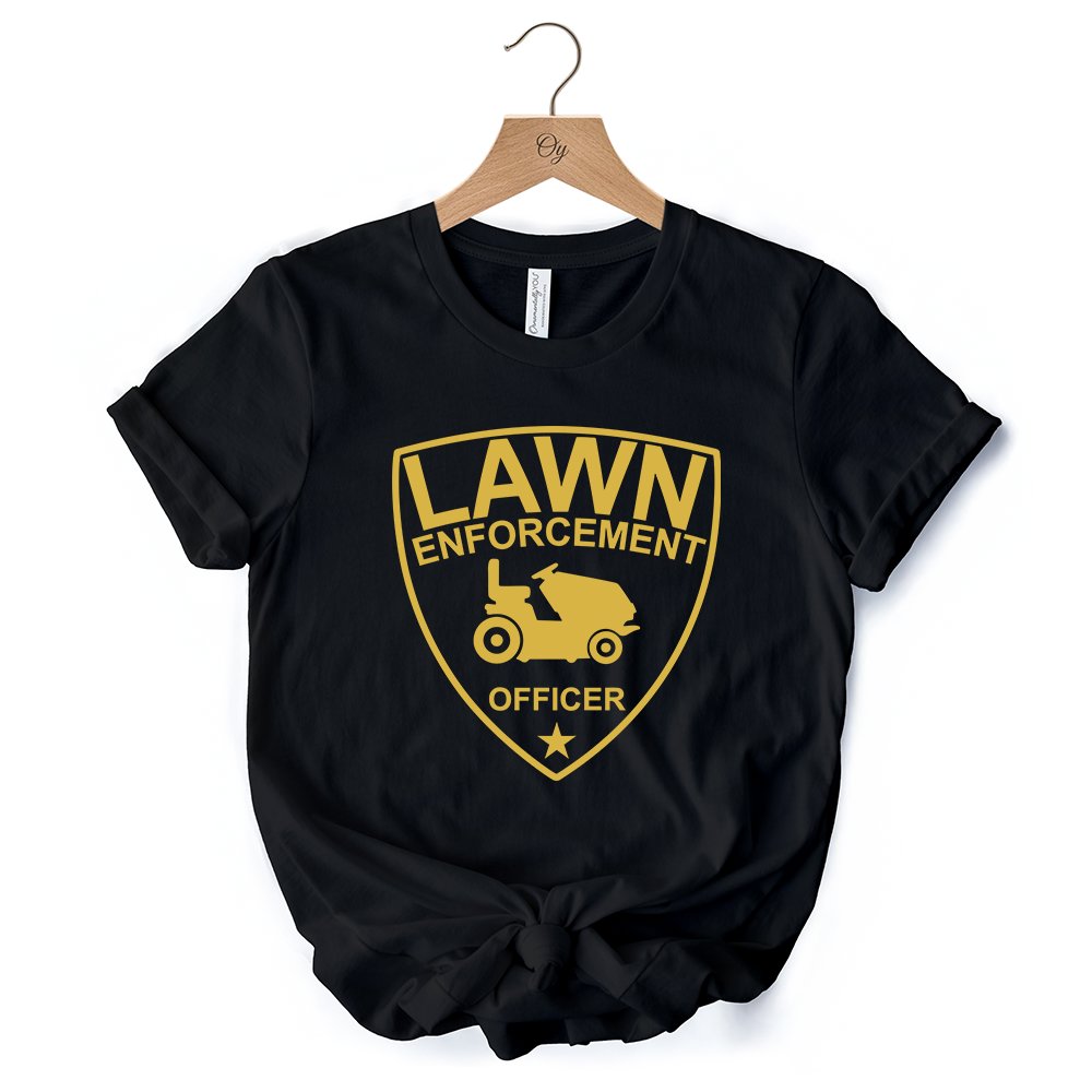 Lawn Enforcement Officer T-Shirt, Funny Badge Style Navy and Black Tee for Lawn Mower Gardener Dad
