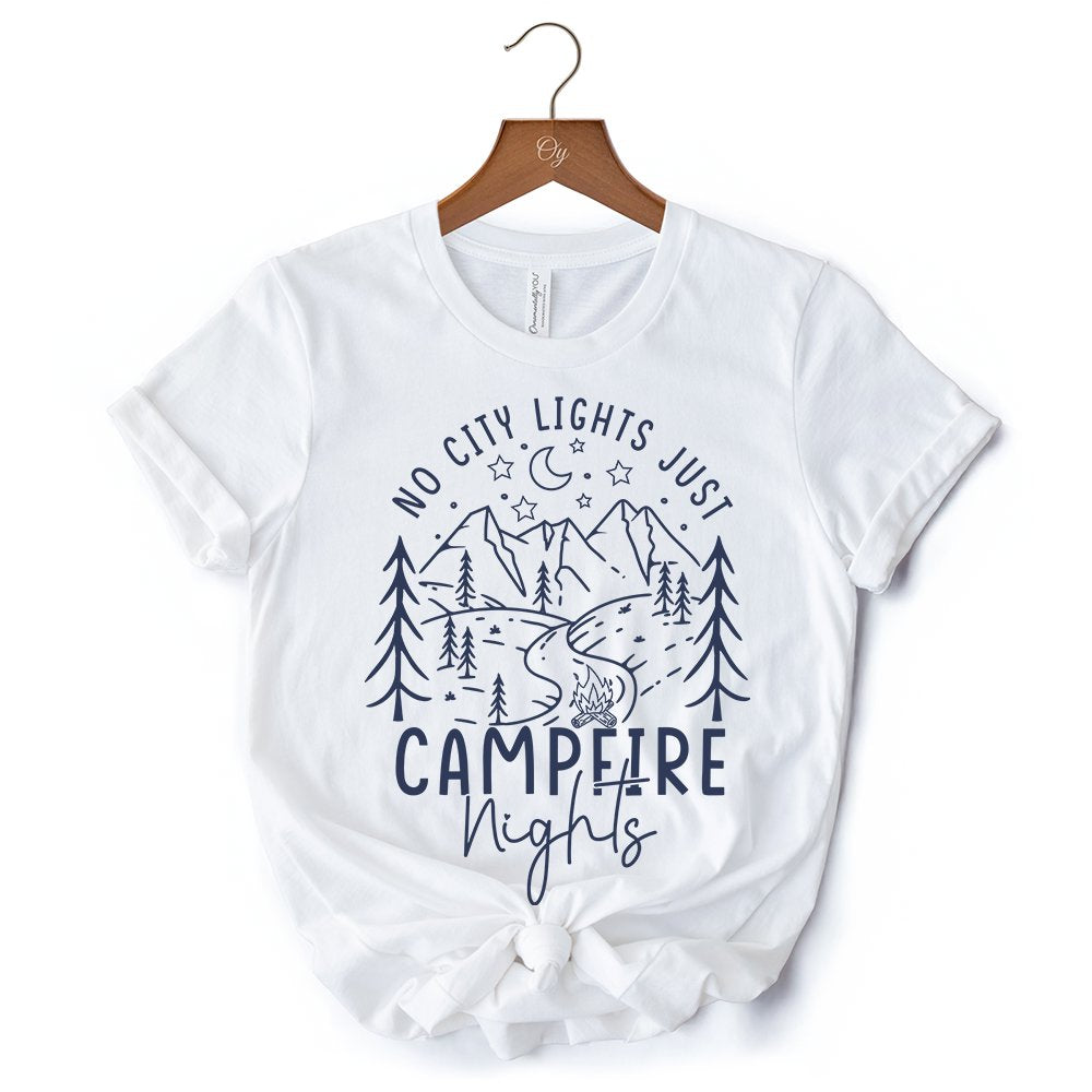 No City Lights Just Campfire Nights T-Shirt, White and Natural Camping Tee for Stargazing Campers