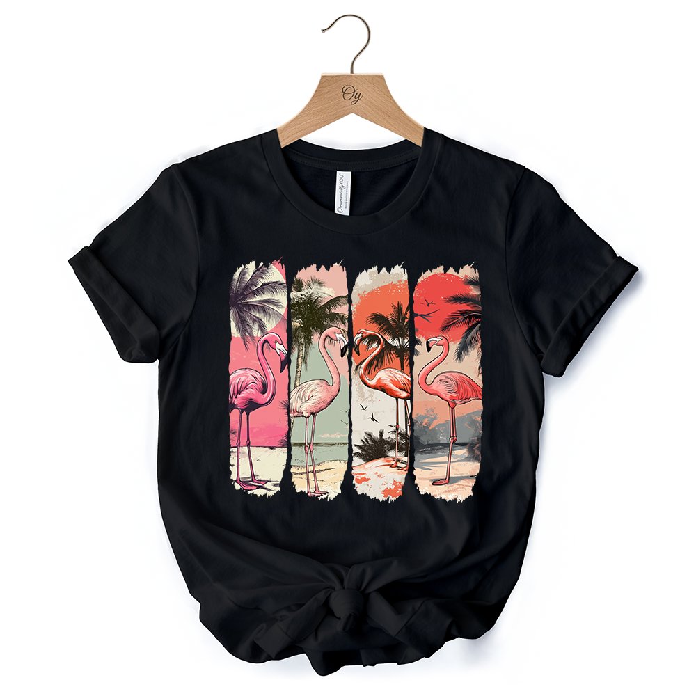 Summer Flamingo Beach T-Shirt, Retro Vacation Black Tropical Sunset Tee
