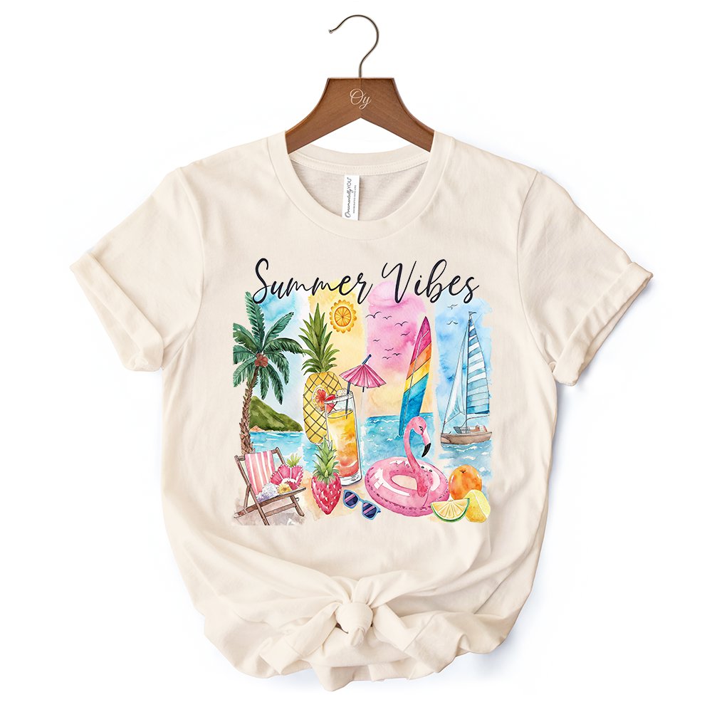 Summer Vibes T-Shirt, White and Natural Vacation Beach Tee