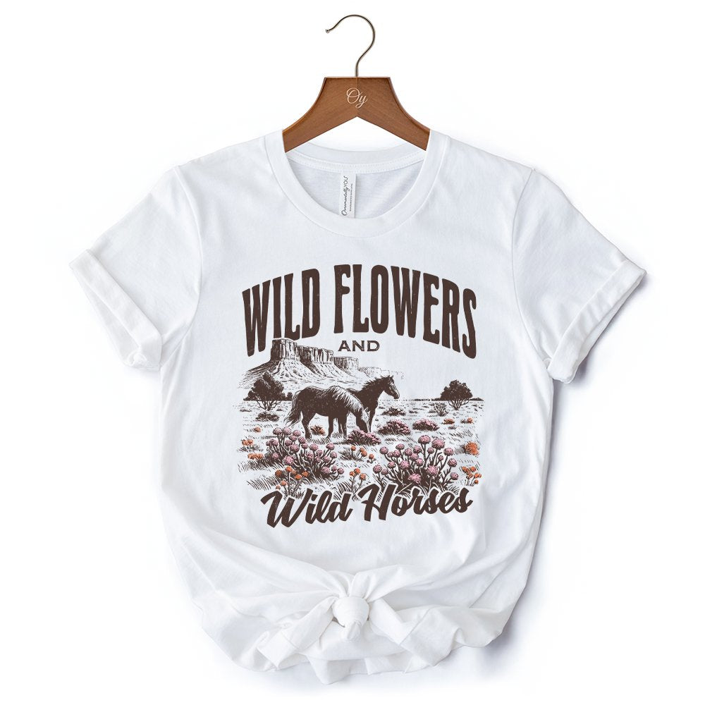 Wild Flowers and Wild Horses T-Shirt, Retro Western White and Natural Tee for Free-Spirited Women