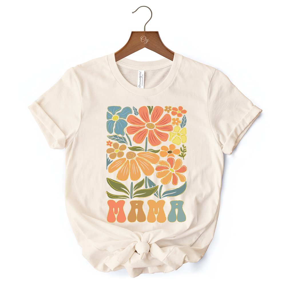 Boho Floral Mama T-Shirt, Natural and White Tee Large Flowers for Modern Moms