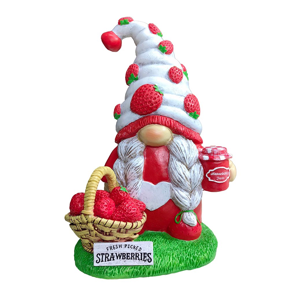 Charming Homestead Strawberry Gnome Garden Statue, 9.5" Farmhouse Style Unique Fruit Home Decor