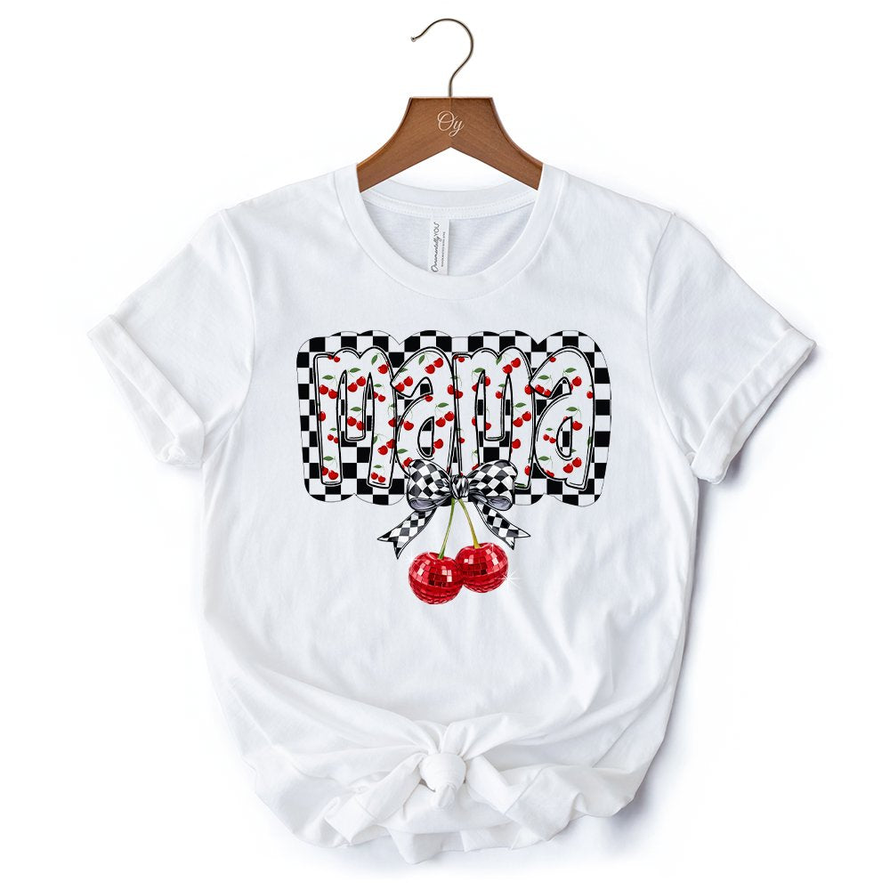 Checkered Cherry Disco Mama T-Shirt, White and Natural Coquette Bow Tee for Trendy Mothers