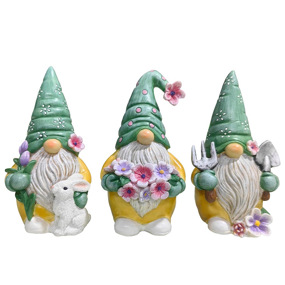 Garden Guardians Set of Three 6" Gardening Gnome Figurines, Floral Green and Yellow Statue Decor