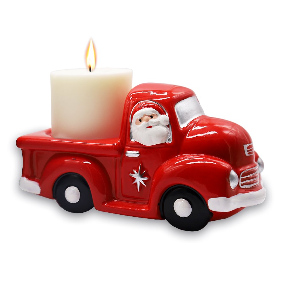 Red Truck with Santa Christmas Candle, Ceramic and Scented with an Invigorating Lemon Basil Fragrance