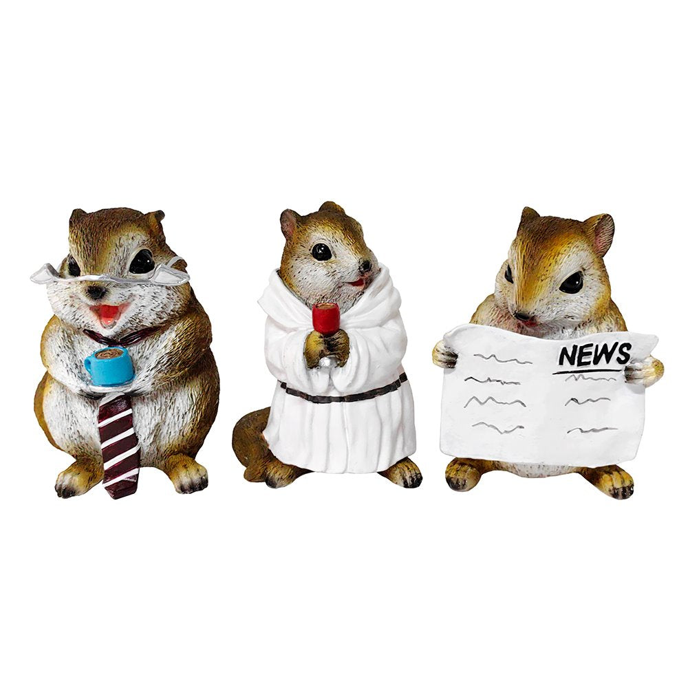 Whimsical Chipmunk Trio Set of Three Figurines, 5" Cute Desk Decor and Garden Statues