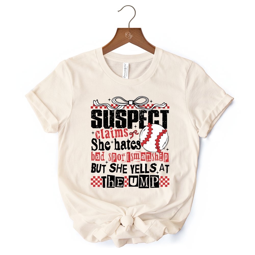 Baseball Suspect Claims Fun T-Shirt, Retro White and Natural Tee With Coquette Bow