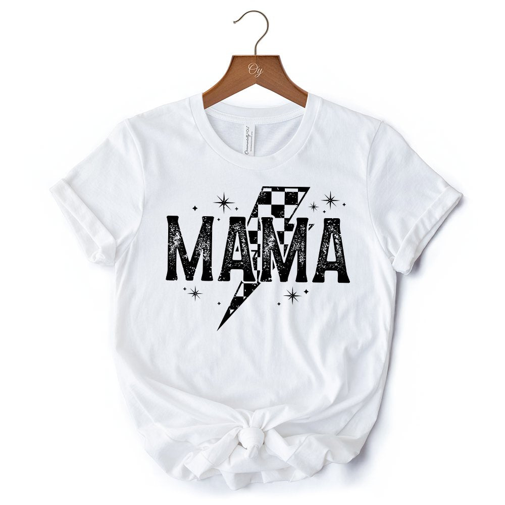 Checkered Lightning Bolt Mama Tee, Vintage Retro Black and White Tee for Energetic Moms