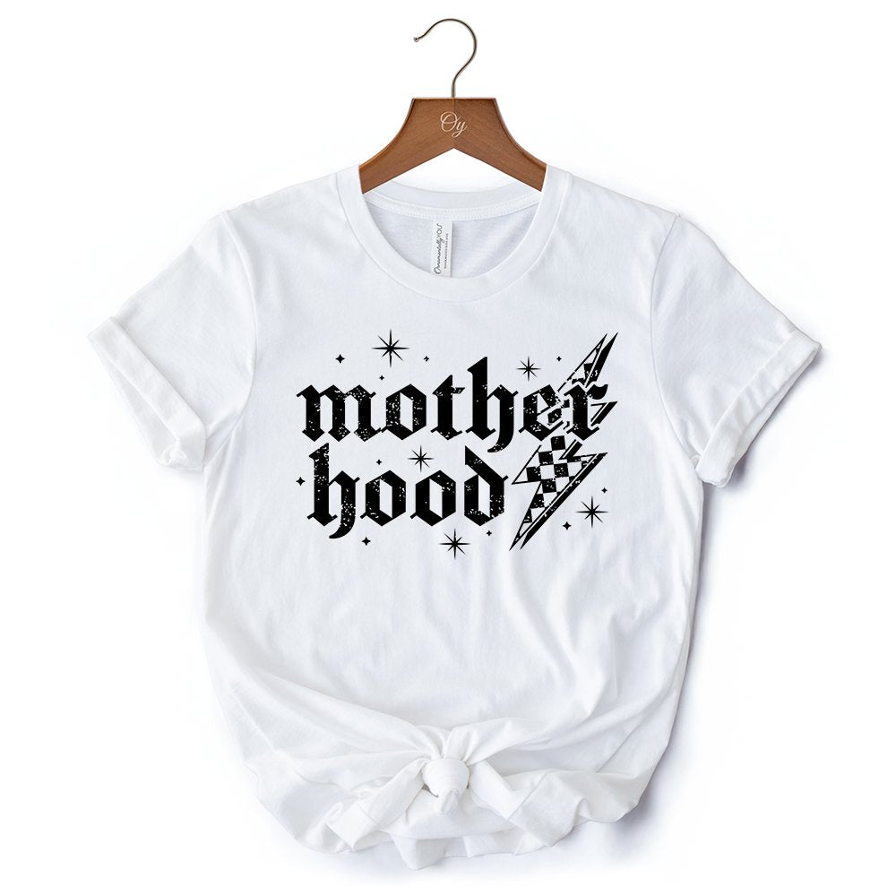 Checkered Motherhood Lightning T-Shirt, Black and White Retro Tee for Strong Mothers