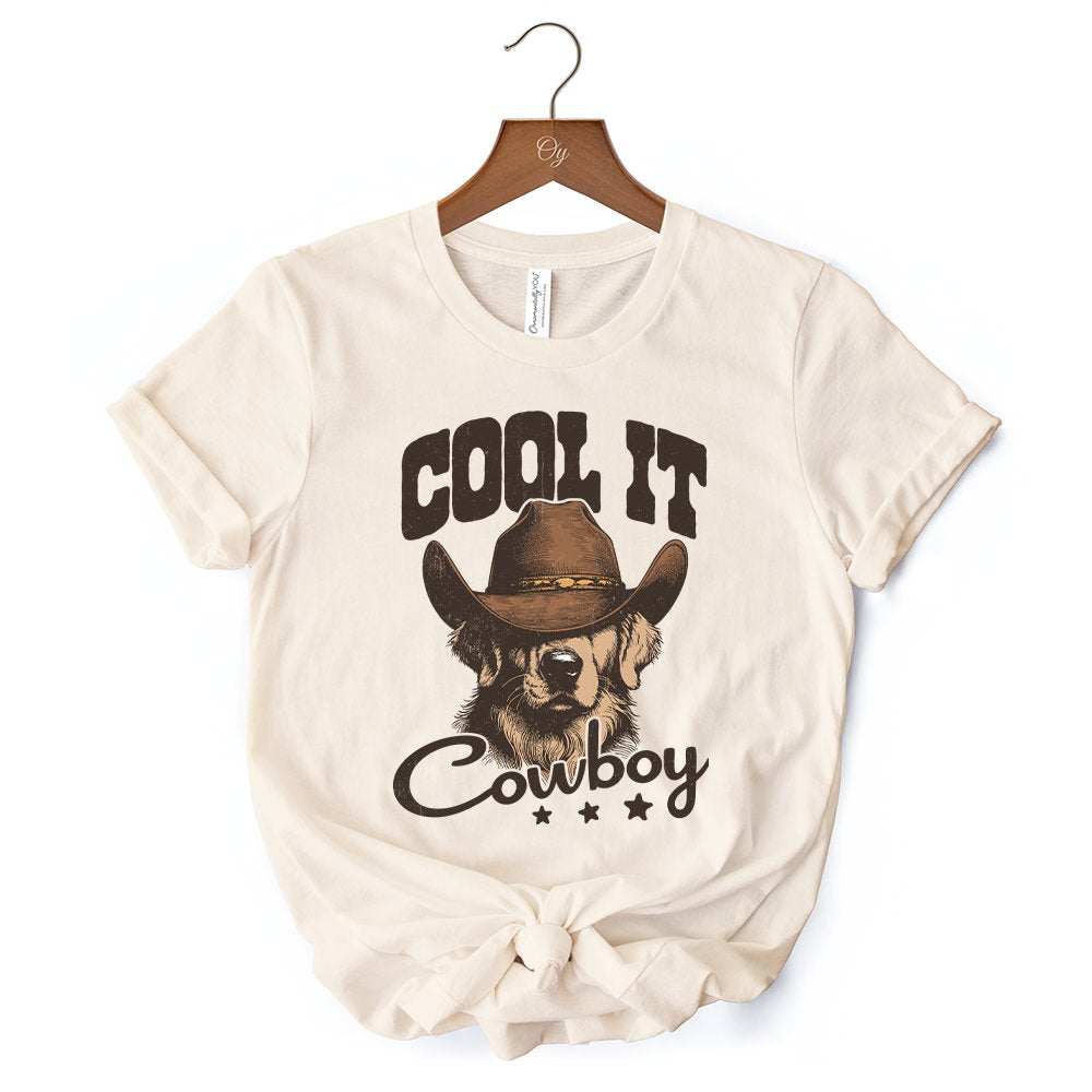 Cool It Cowboy T-Shirt With Western Dog, Retro Golden Retriever White and Natural Tee for Country Lover