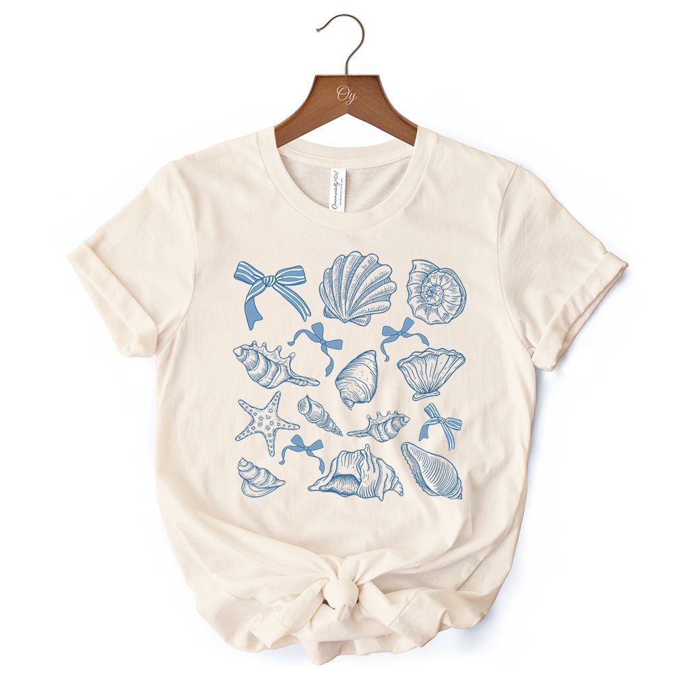 Coquette Seashell Summer Vibe T-Shirt, Natural and White Retro Beach Tee Gift for Ocean Lover