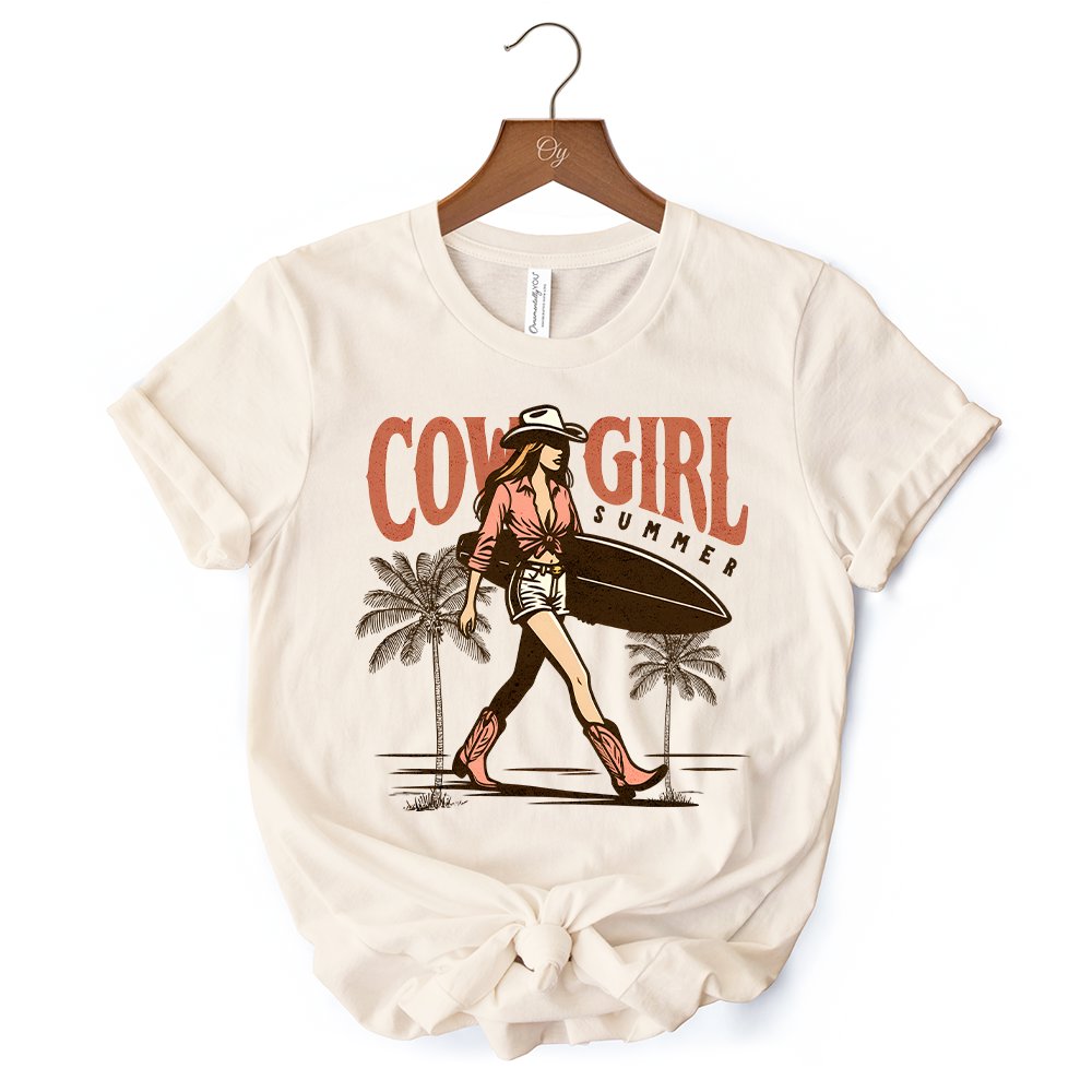 Cowgirl Summer Surf T-Shirt, Retro Western Beach White and Natural Tee for Free-Spirited Women