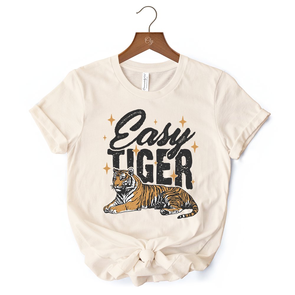 Easy Tiger Retro Grunge T-Shirt, Vintage White and Natural Tee With Wild Animal