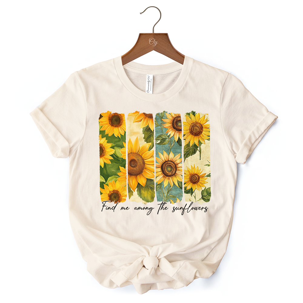 Find Me Among the Sunflowers T-Shirt, White and Natural Floral Tee for Trendy Women