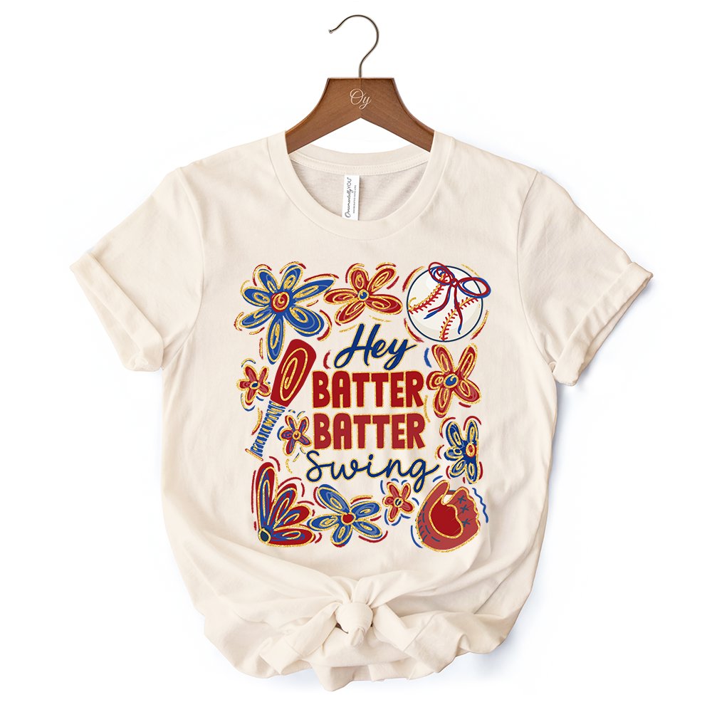 Hey Batter Batter Swing T-Shirt, Retro White and Natural Baseball Tee with Floral Accents
