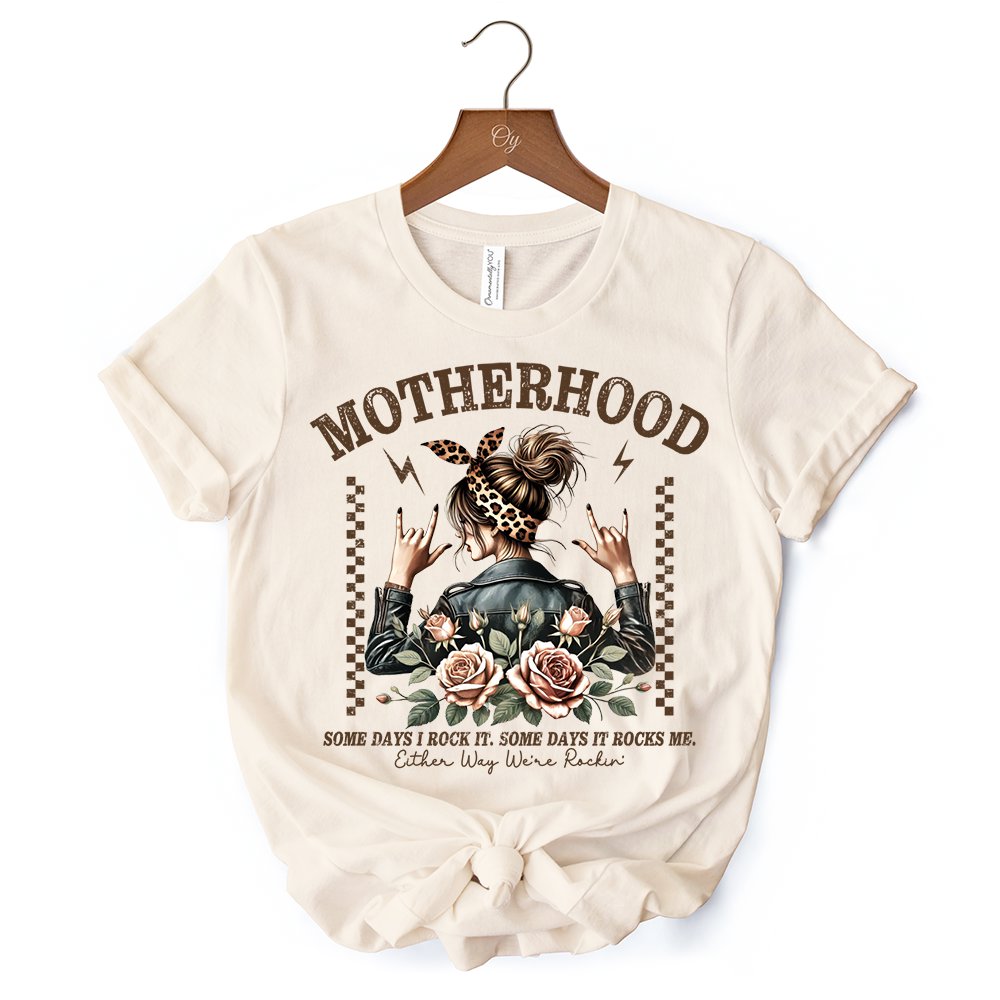 Motherhood Mama Rock T-Shirt, Retro White and Natural Tee for Strong and Rocking Mothers