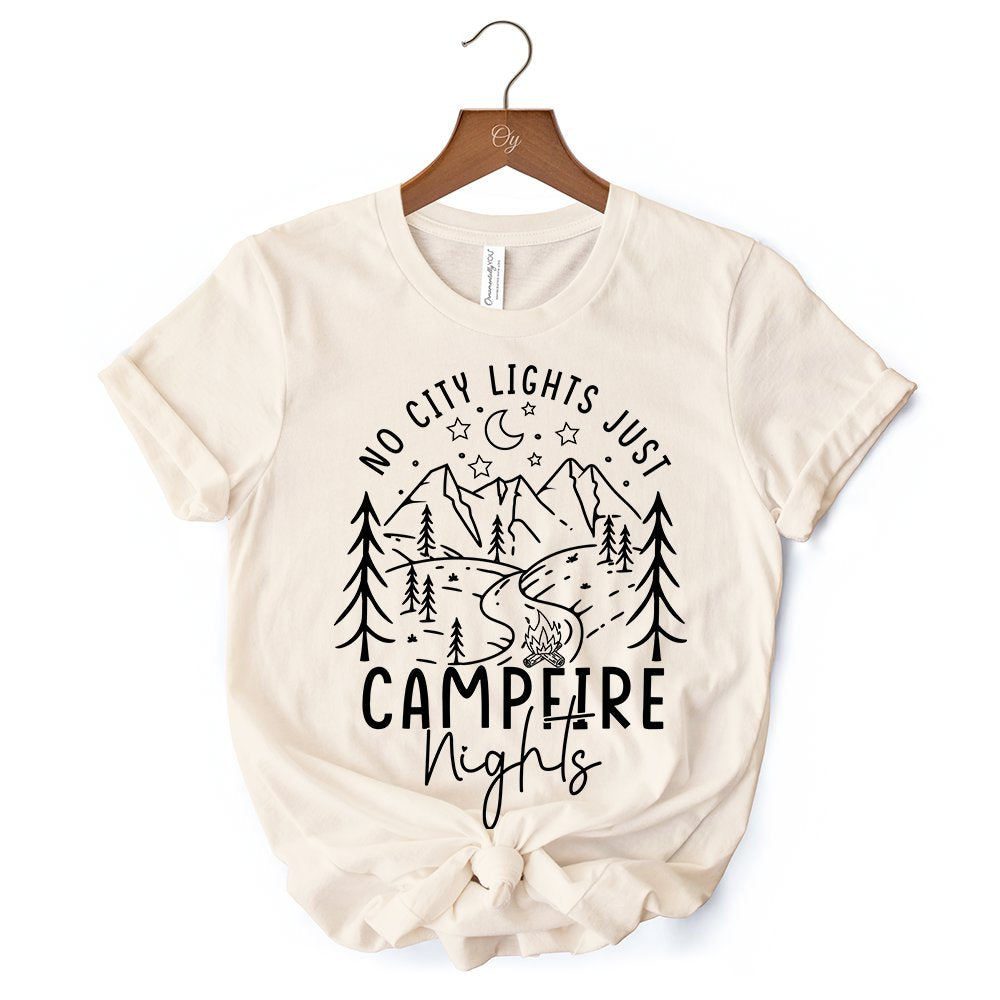 No City Lights Just Campfire Nights T-Shirt, White and Natural Camping Tee for Stargazing Campers