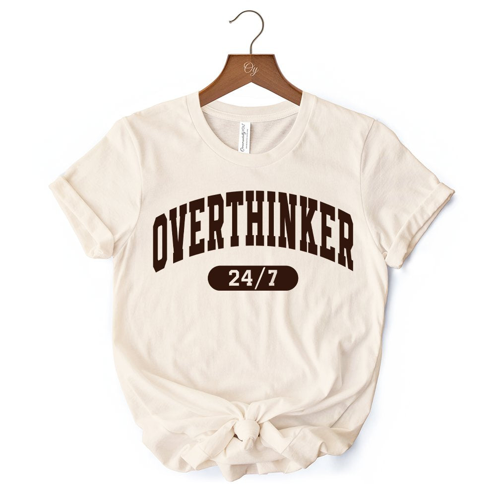Over Thinker 247 T-Shirt, Minimalist Collegiate White, Natural and Black Tee for Tired Women