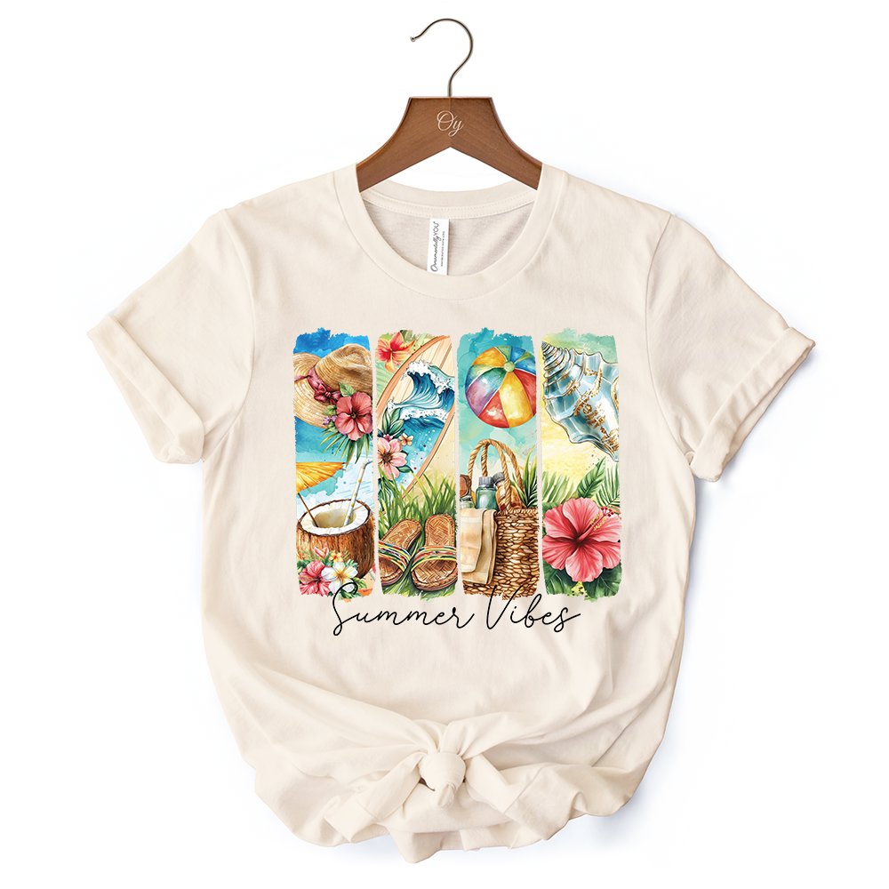 Summer Vibes T-Shirt, White and Natural Beach Tee with Coconut and Flowers