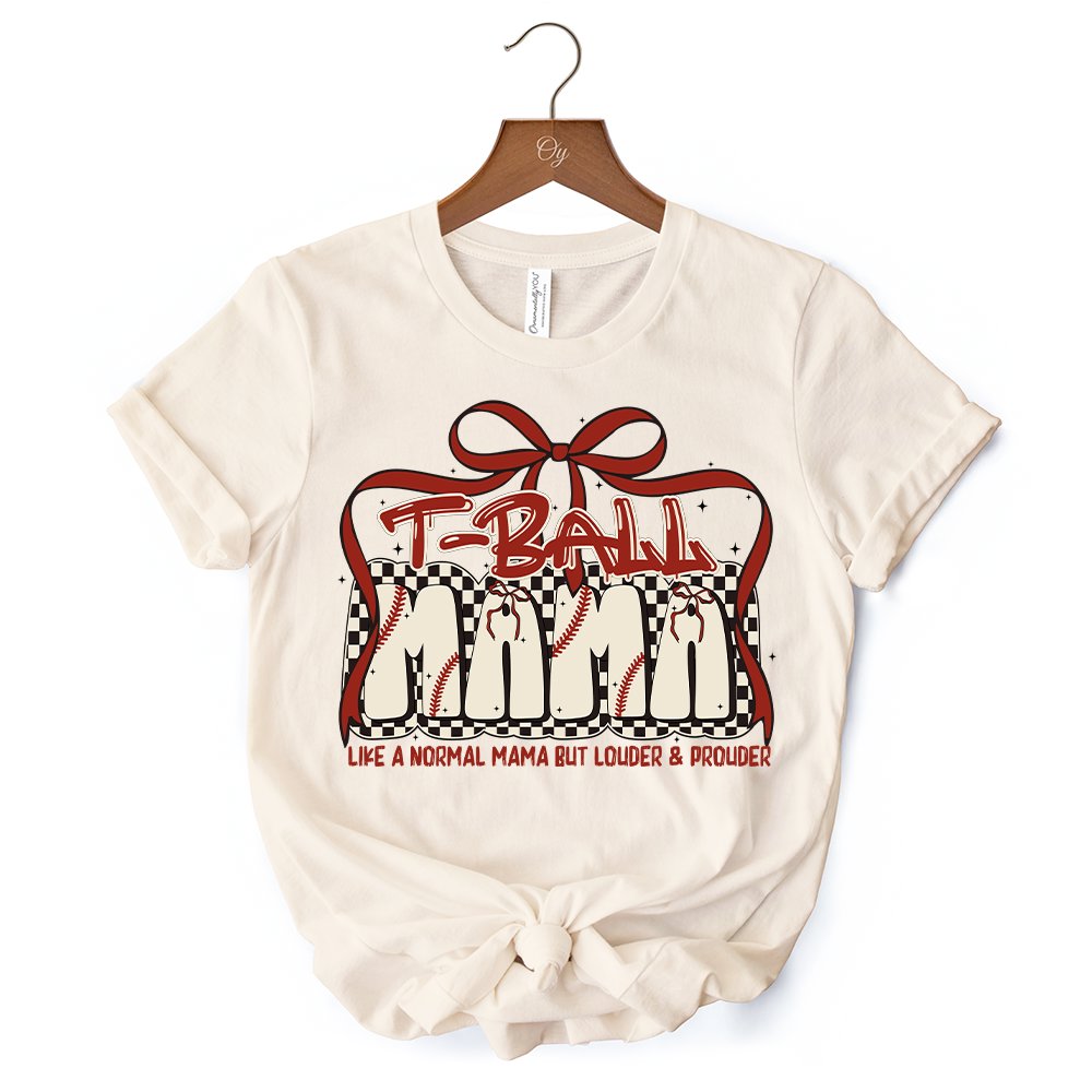 T-Ball Mama Coquette Red Bow T-Shirt, Retro White and Natural Tee for Proud Sports Moms