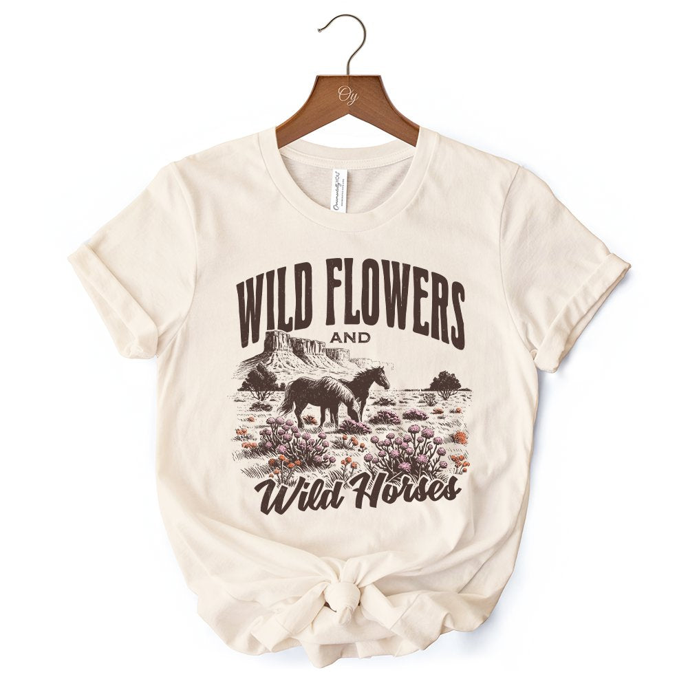 Wild Flowers and Wild Horses T-Shirt, Retro Western White and Natural Tee for Free-Spirited Women