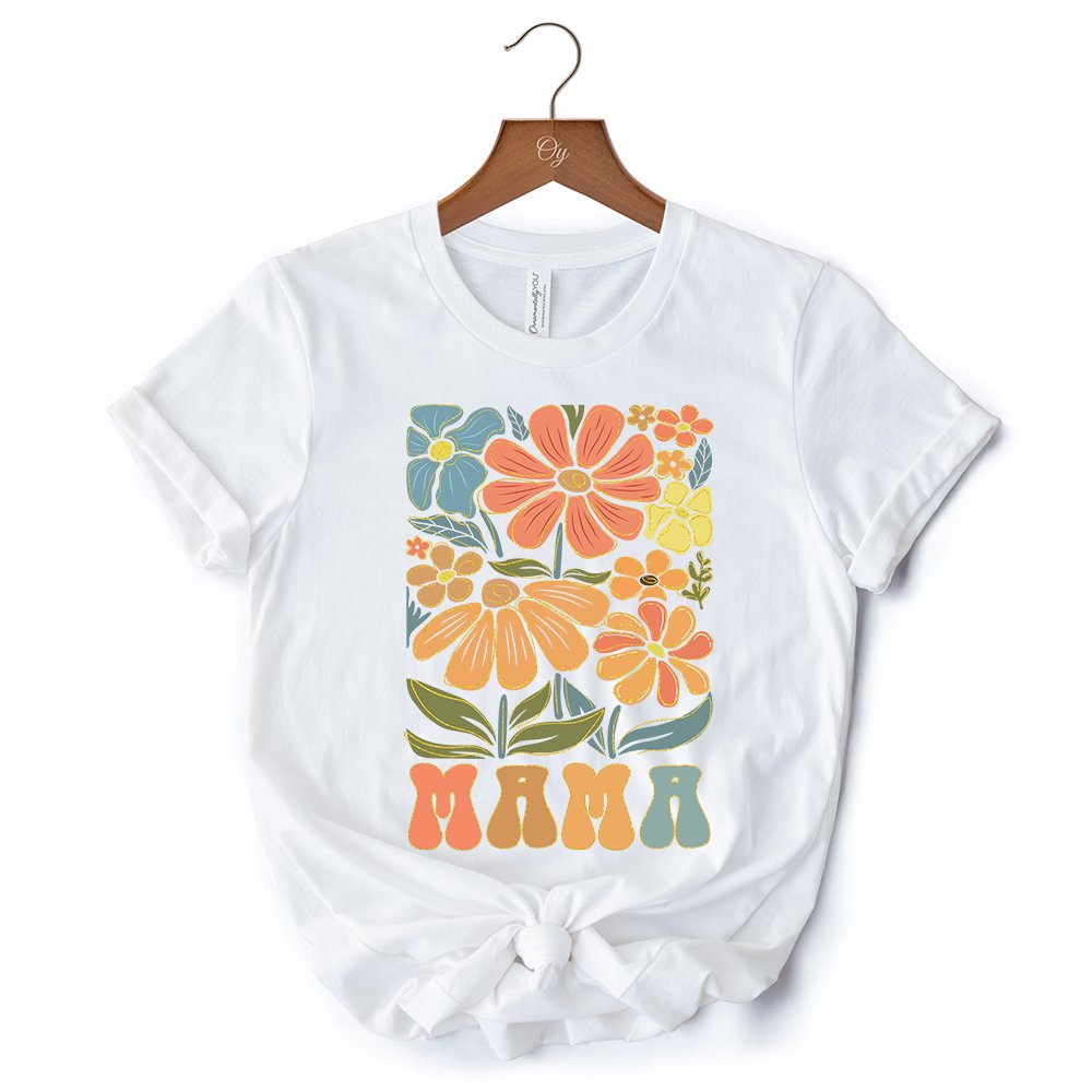 Boho Floral Mama T-Shirt, Natural and White Tee Large Flowers for Modern Moms