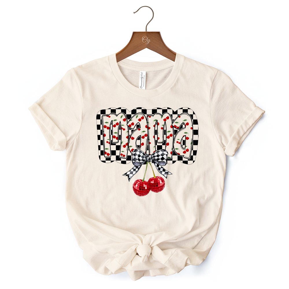 Checkered Cherry Disco Mama T-Shirt, White and Natural Coquette Bow Tee for Trendy Mothers