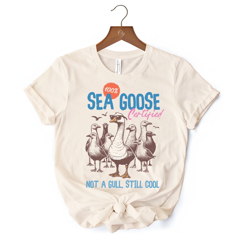 Cool Summer Sea Goose Certified T-Shirt, Funny Retro White and Natural Tee for Beach Lovers