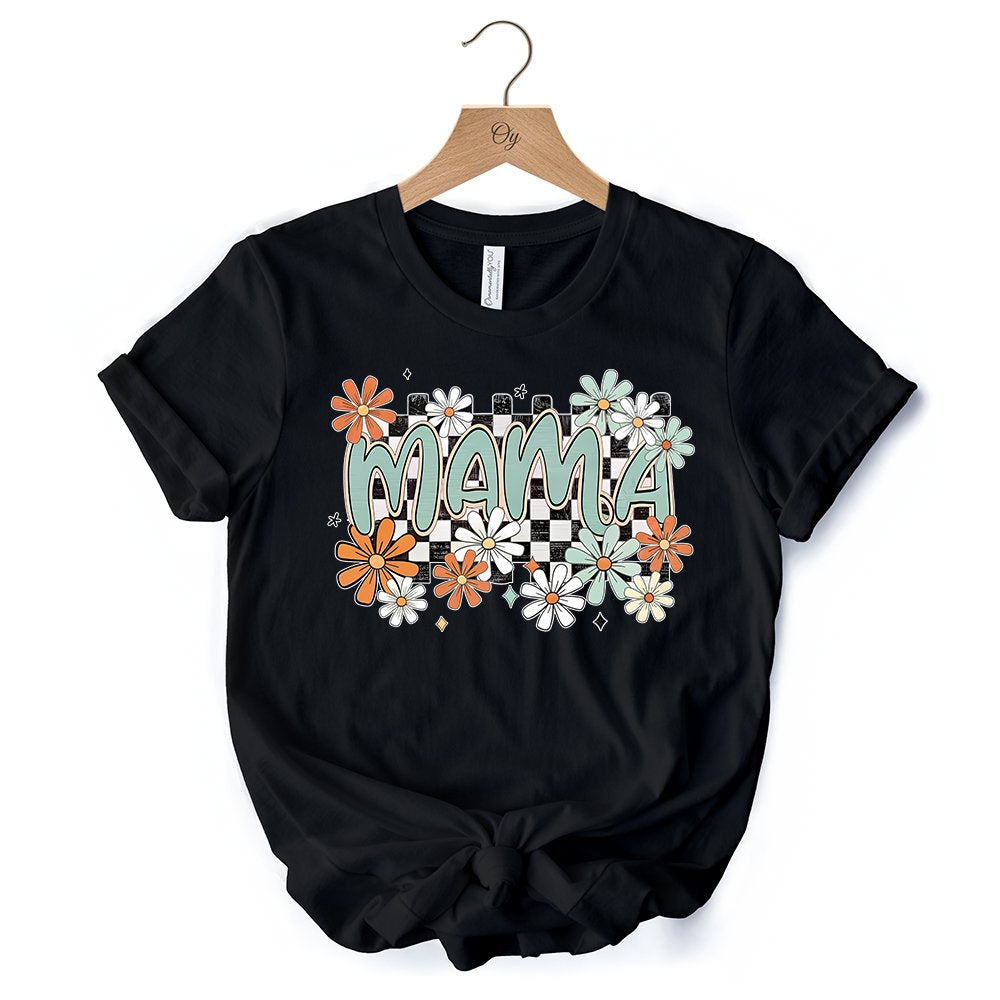 Floral Mama Checkered T-Shirt, White, Natural and Black Retro Tee for Stylish Mothers