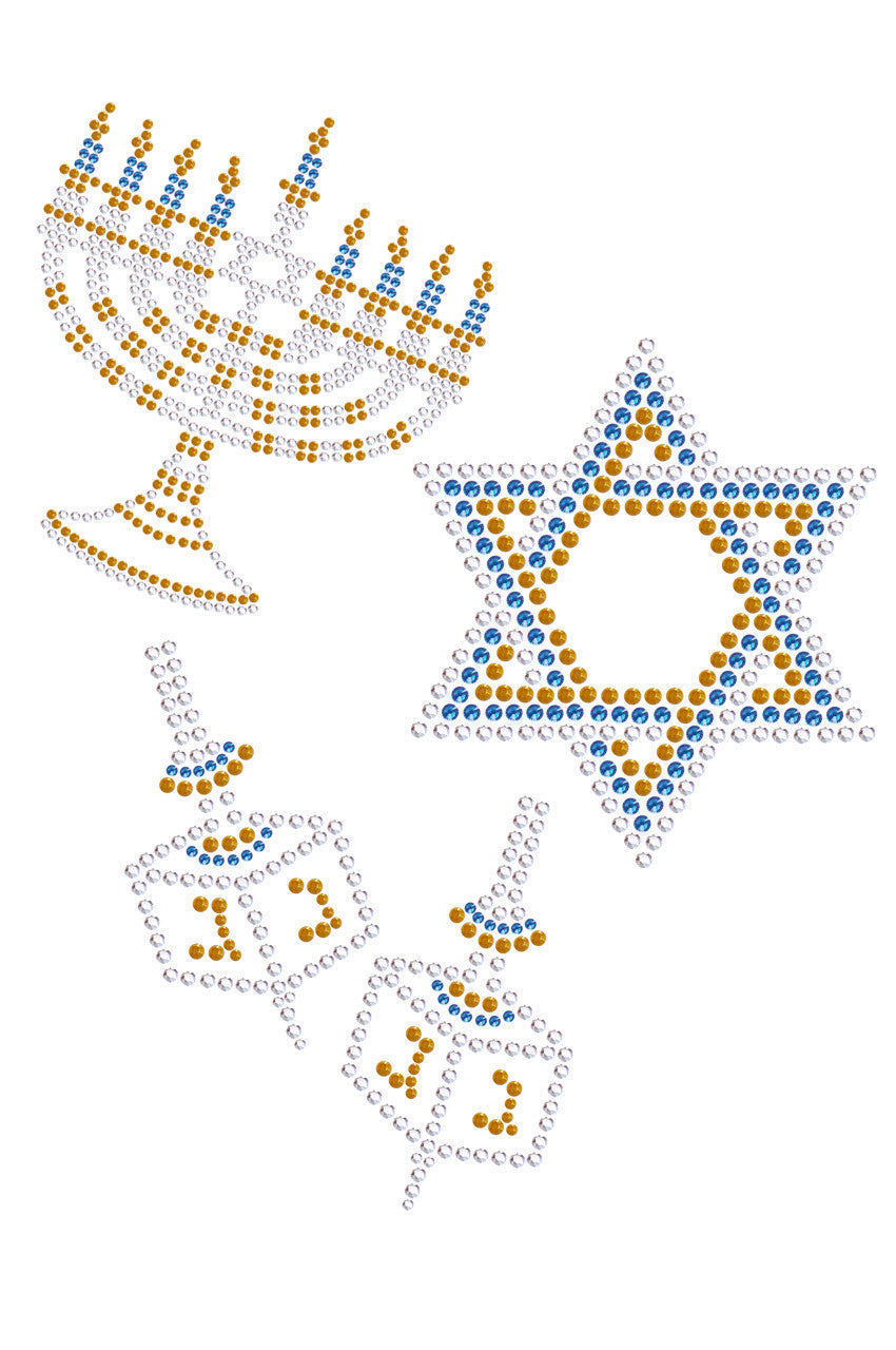 Menorah, Dreidel & Star of David (Blue, Silver, & Gold) - Womens T-shirt